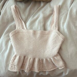 A.L.C. Jace Ruffle Peplum Crochet Crop Knit Top Desert Rose